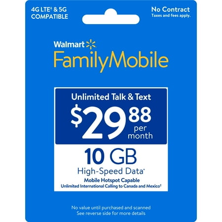 Walmart Family Mobile $29.88 Unlimited Talk & Text Monthly Prepaid Plan (10GB at High Speed, then 2G*) e-PIN Top Up (Email Delivery)