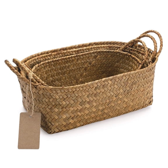 Seagrass Woven Baskets for Storage Natural Shelf Basket with Handle for Organizer Stackable Oval Set of 3 (Large Medium Small)