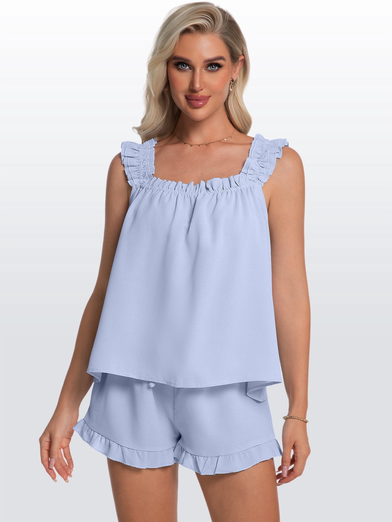 DAKIMOE Womens Pajamas Set 2 Piece Ruffle Pj Soft Tank Top and Shorts Sleepwear Lounge Sets for Women Set Sleeveless Bridal Pajama Sets for Christmas, S-2XL