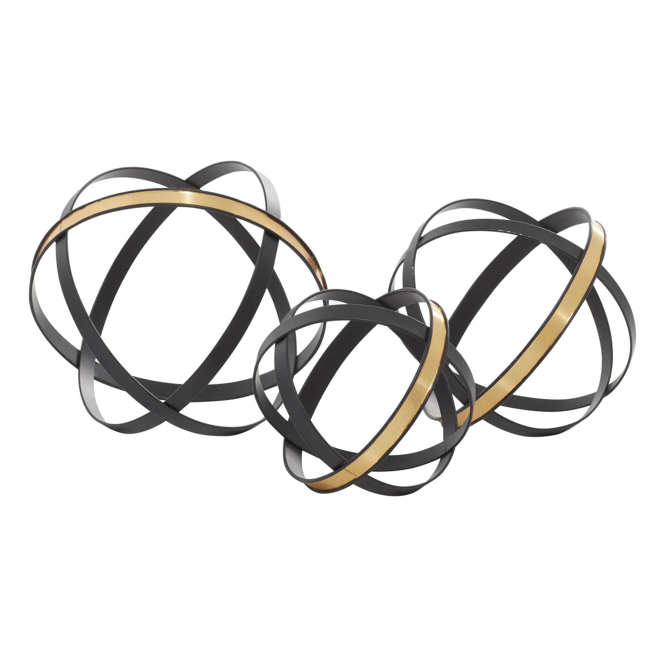 6", 5", 4"H Black Metal Orb Geometric Sculpture with Gold Accents, by DecMode (3 Count)
