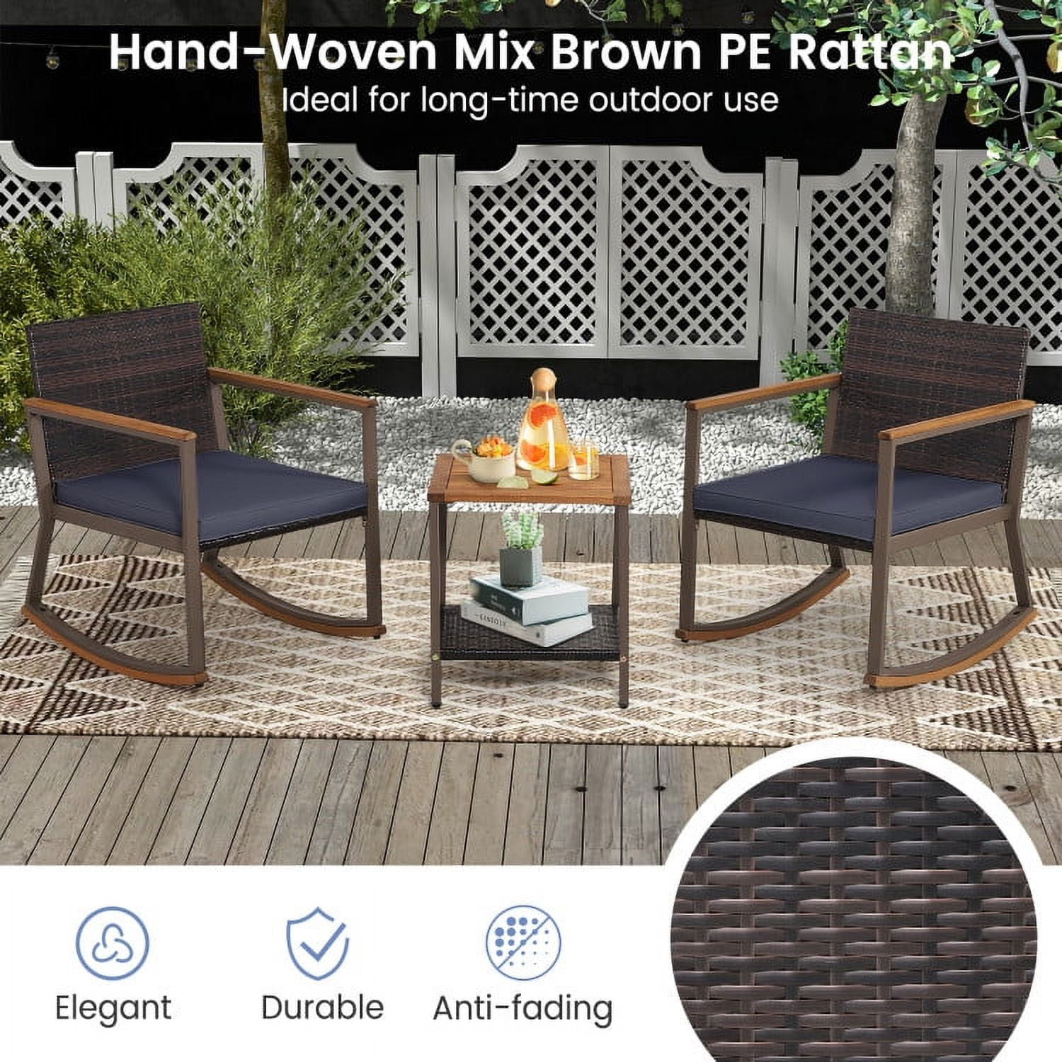 Aimee Lii 3 Pieces Rattan Rocking Bistro Set with Coffee Table and Cushions, Patio Table and Chairs Set, Outdoor Patio Set, Navy