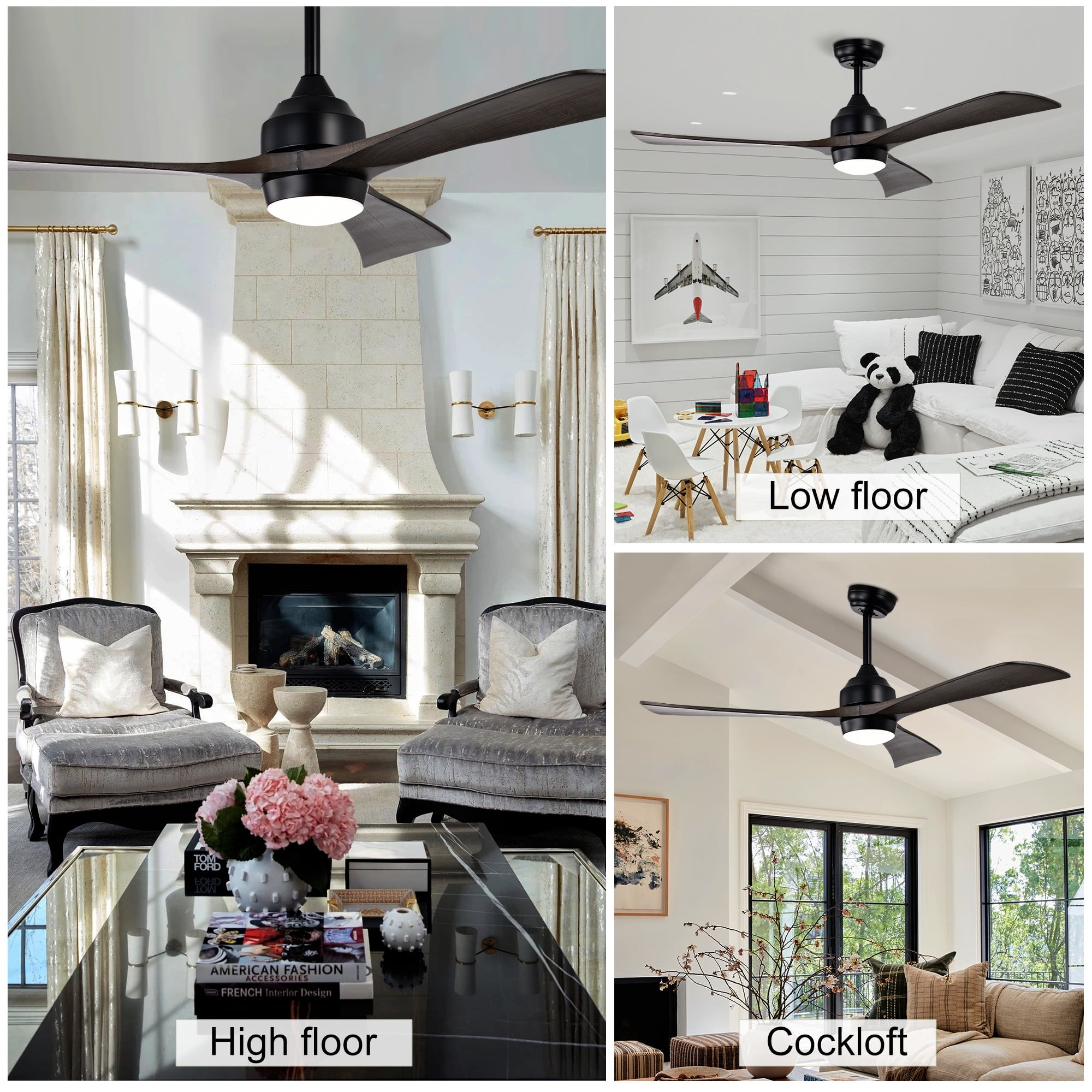 Leumius 52" Solid Wood Blades Ceiling Fan with Light and Remote Control,Quiet DC Motor 3 Blade Ceiling Fans 6 Speed Levels,Reversible for Patio Living Room Bedroom Office Black