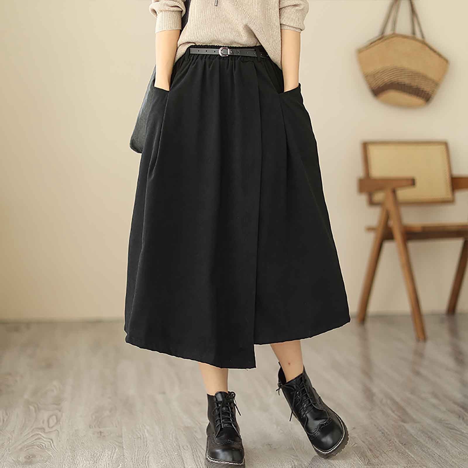 Cavosen Womens Summer Skirts Mid Length Calf Length A-Line Skirts Flowy Buckle Swing Skirts Solid Color Pencil Skirts Waistband Belt Swing Dress Athletic Beachwear Resortwear Black
