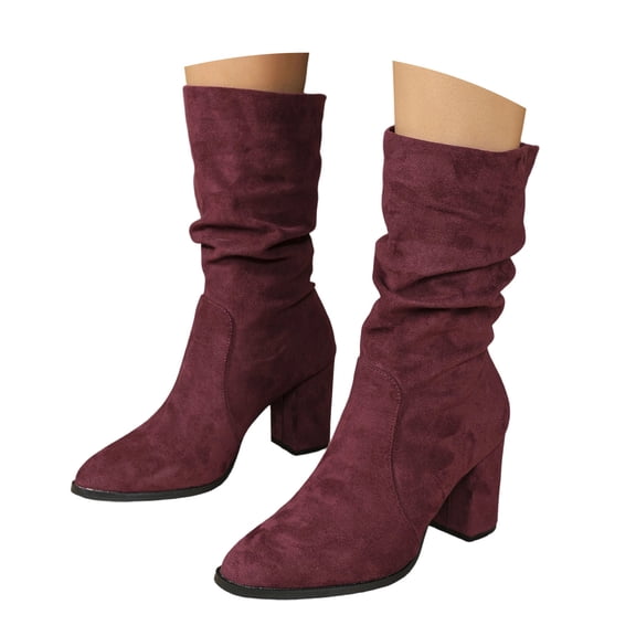 LIWENLI Women's Fall Mid Calf Slouch Boots with Chunky Heel Pull-on Pointed Toe High Heel Boots (Wine,37)