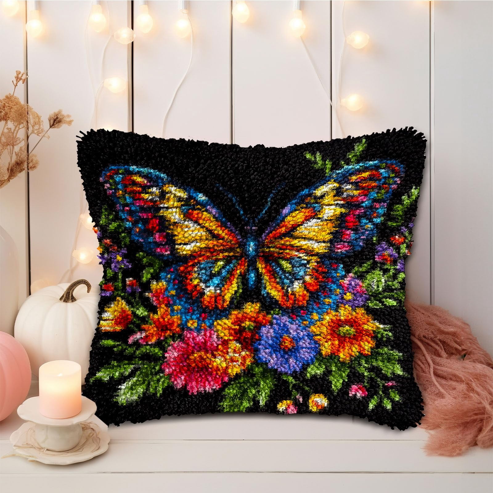 DIY Latch Hook Pillow Kits Colorful Butterfly Surrounded by Vibrant Flowers Printed Pillowcase Crochet Yarns Hooking Handmade Pillow Cover Cushion for Home Sofa Decoration 17x17inch-1