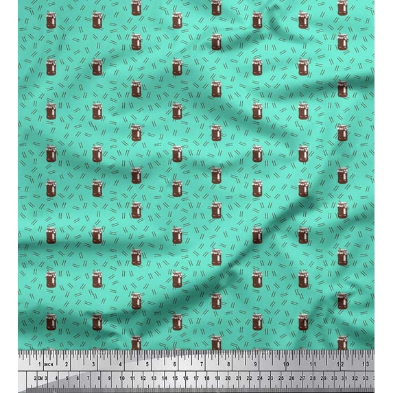 Soimoi Green Japan Crepe Satin Fabric Lines & Pickle Jar Kitchen Printed Fabric 1 Yard 42 Inch Wide