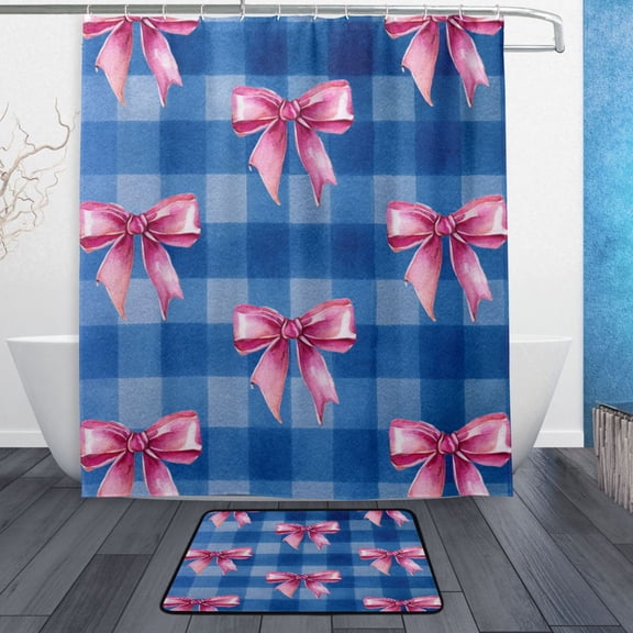 TTYFWHD 60" x 72" Shower Curtain and Bath Mat Set Pink Bows Waterproof Bathroom Curtain with 12 Hooks, Bathroom Decor Set