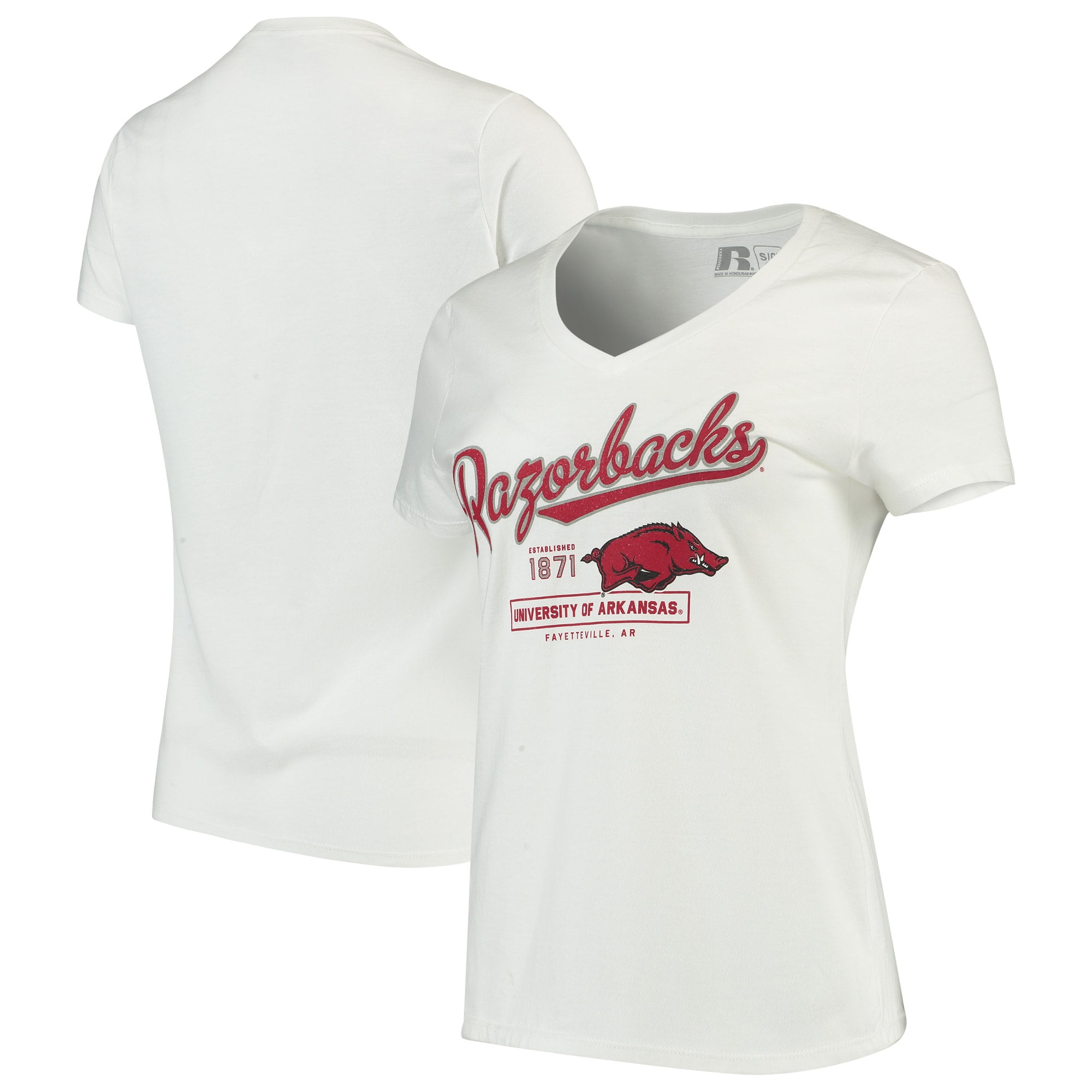 Women's Russell Athletic White Arkansas Razorbacks Script V-Neck T ...