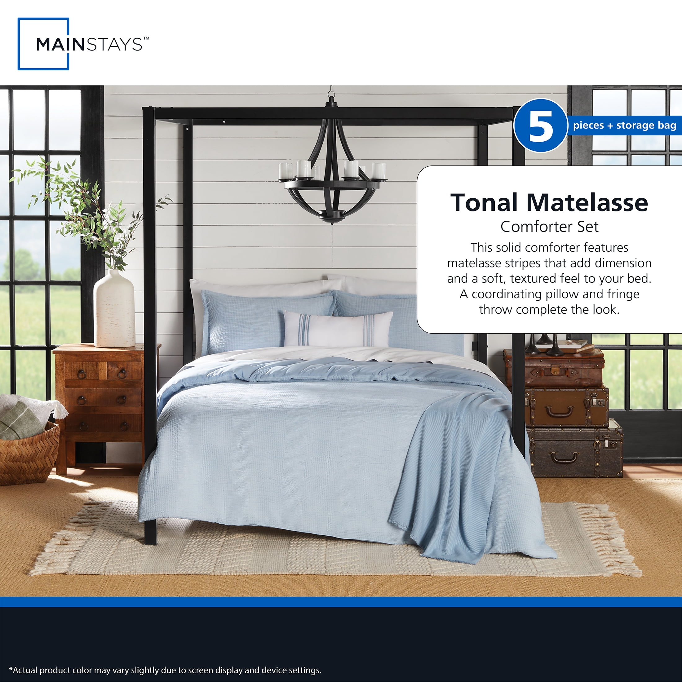 Mainstays Tonal 4-Piece Blue Stripe Matelasse Comforter Set, Twin/Twin XL