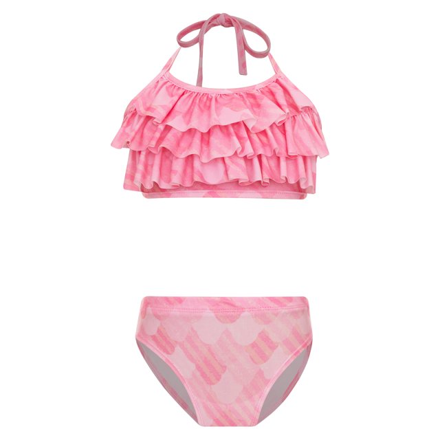 TiaoBug Girls 2 Pcs Mermaid Bikini Sets Shiny Halter Ruffles Crop Top with Triangle Brief Bathing Suit Tankini Light Pink 140