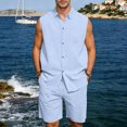 thumbnail image 6 of Yopmin Mens Linen Short Set 2 Piece Button Up Sleeveless Shirt and Shorts Set Loose Fit Linen Outfits for Vacation Daily Wear, 6 of 8