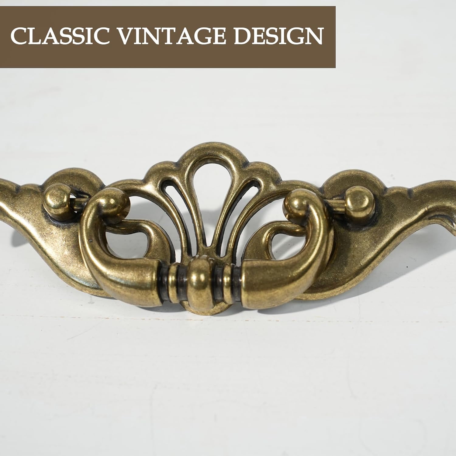 ABCISI 4-Pack Antique Brass Bail Drawer Pulls, 3-3/8" Hole Centers, Decorative Pulls with Mounting Screws, Vintage Cabinet Handles for Dresser, Cupboard, Wardrobe