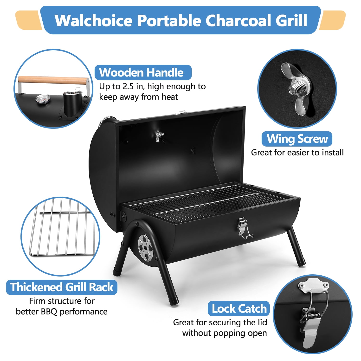 Walchoice Portable Charcoal Grill Set of 23, Small Tabletop Barbecue Grill with Grilling Accessories for Outdoor Cooking Camping Backyard Beach, Thermometer & Chimney, Black