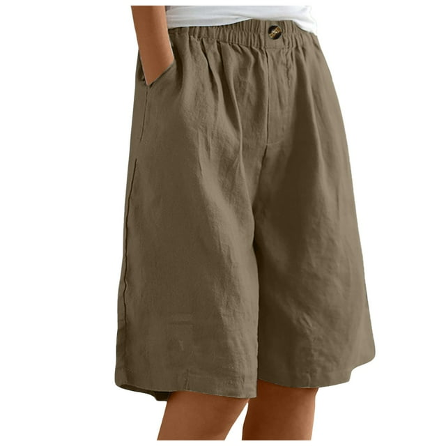 Woman Elastic Solid Color Shorts Button Down Half Pants with Pocket - Casual Short Pant Wide Leg Shorts