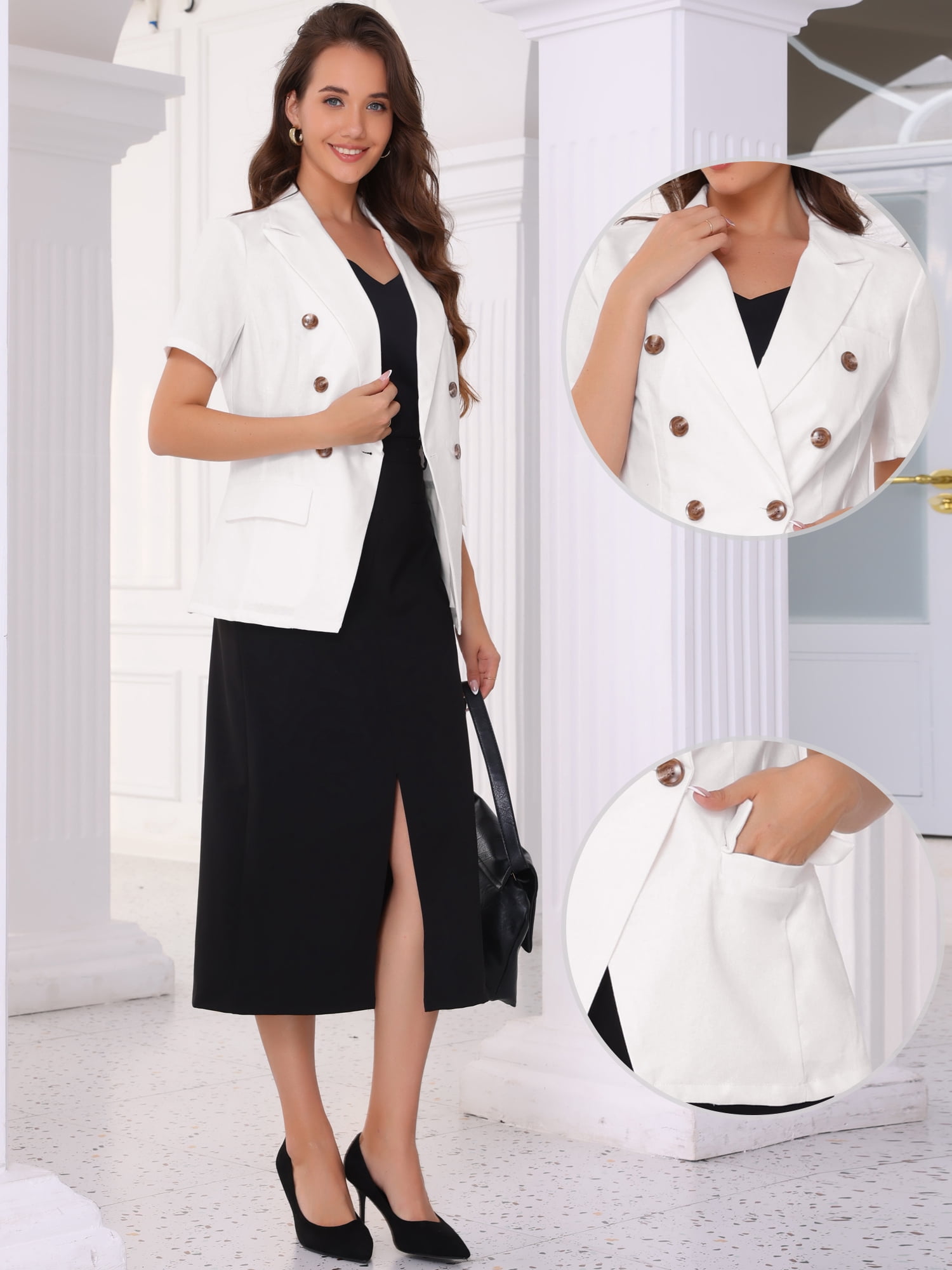 DARING DIVA Women's Double Breasted Work Office Short Sleeve Lapel Blazer S White