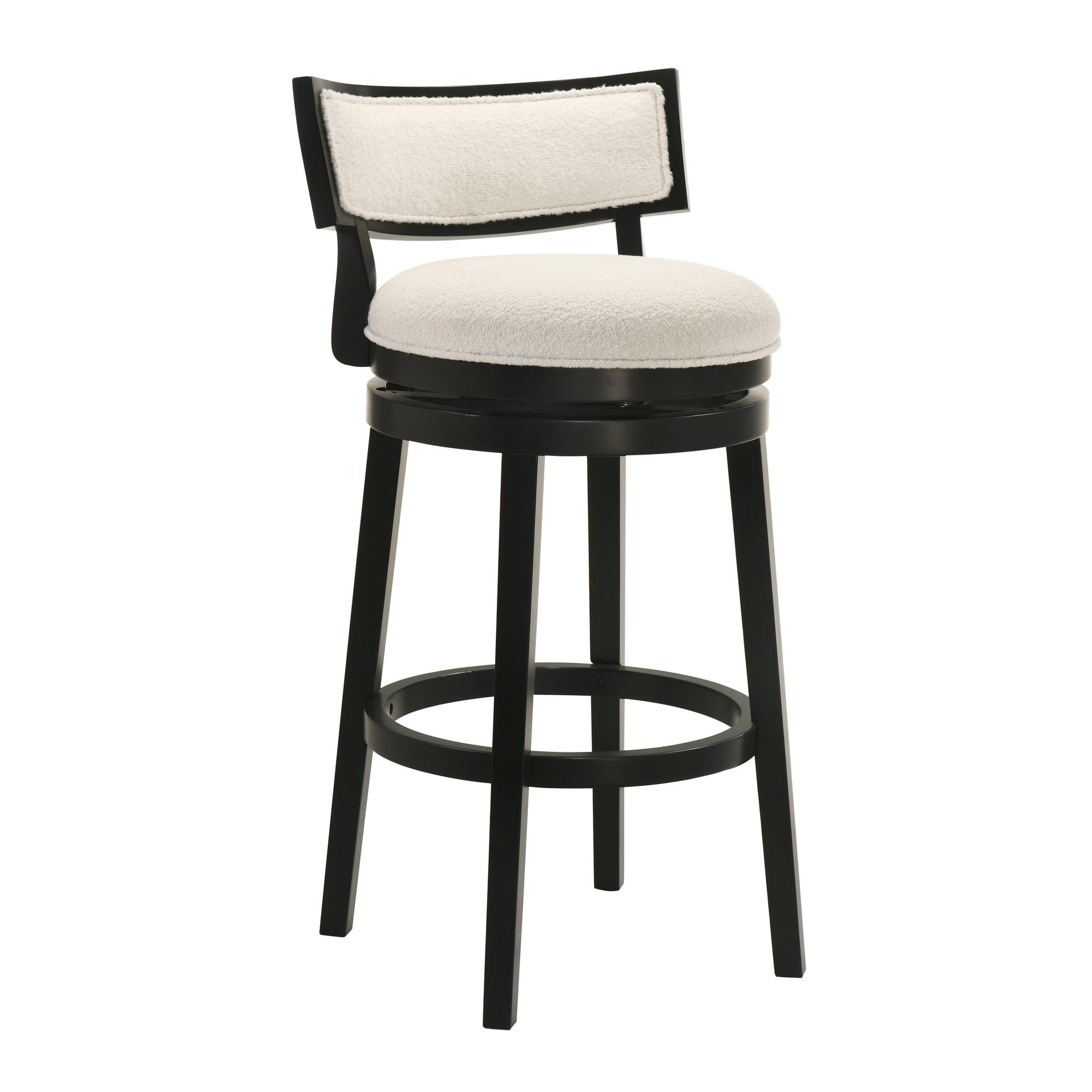Noely Modern Farmhouse Swivel Wood Bar Height Kitchen Bar Stool in Black Finish with White Boucle Fabric Upholstered Seat - Set of 4