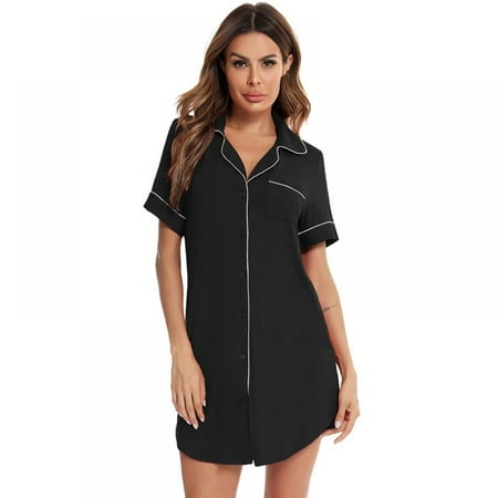 

Pajama Nightgown for Women Short Sleeve Button Down Nightwear Top Boyfriend Sleep Shirts Nightdress S-XXL