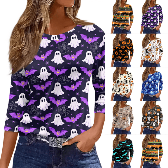 Halloween Shirts for Women 2026 3/4 Sleeve Funny Graphic T-Shirt Casual Crewneck Tunic Tops Halloween Costumes Adult