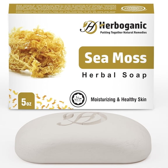 Herboganic Sea Moss Herbal Soap, Vegan and Natural Bar Soap for Face and Body, Infused with Seaweed, 5 Oz Pack of 1