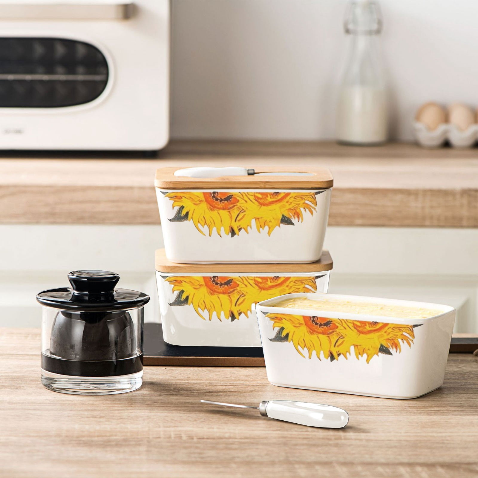HOZVOMI Ceramic Butters Storage Box - Nordic Style Ceramic Jar with Lid and Cutting Tools, Perfect for Cheese and Butters Storage