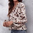 thumbnail image 2 of Blusa cruzada con cuello en V y estampado floral, manga larga, dobladillo con volantes, blusa cruzada con estampado floral para mujer, piedra marrón M, 2 of 6