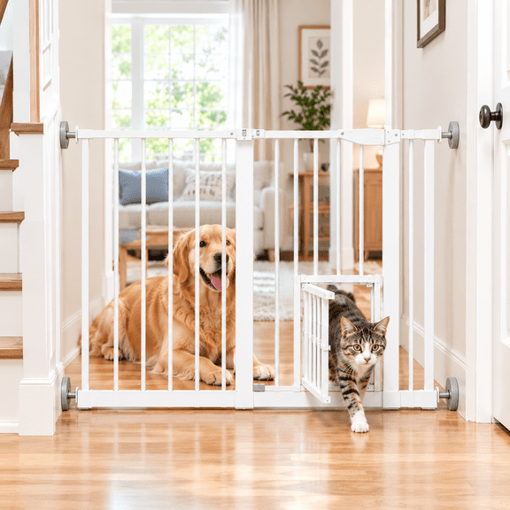 Gate with Pet Door, 29.5-44.1" Metal Cat Door for Stairs & Doorways,Pressure Mounted,No Tools Needed, White