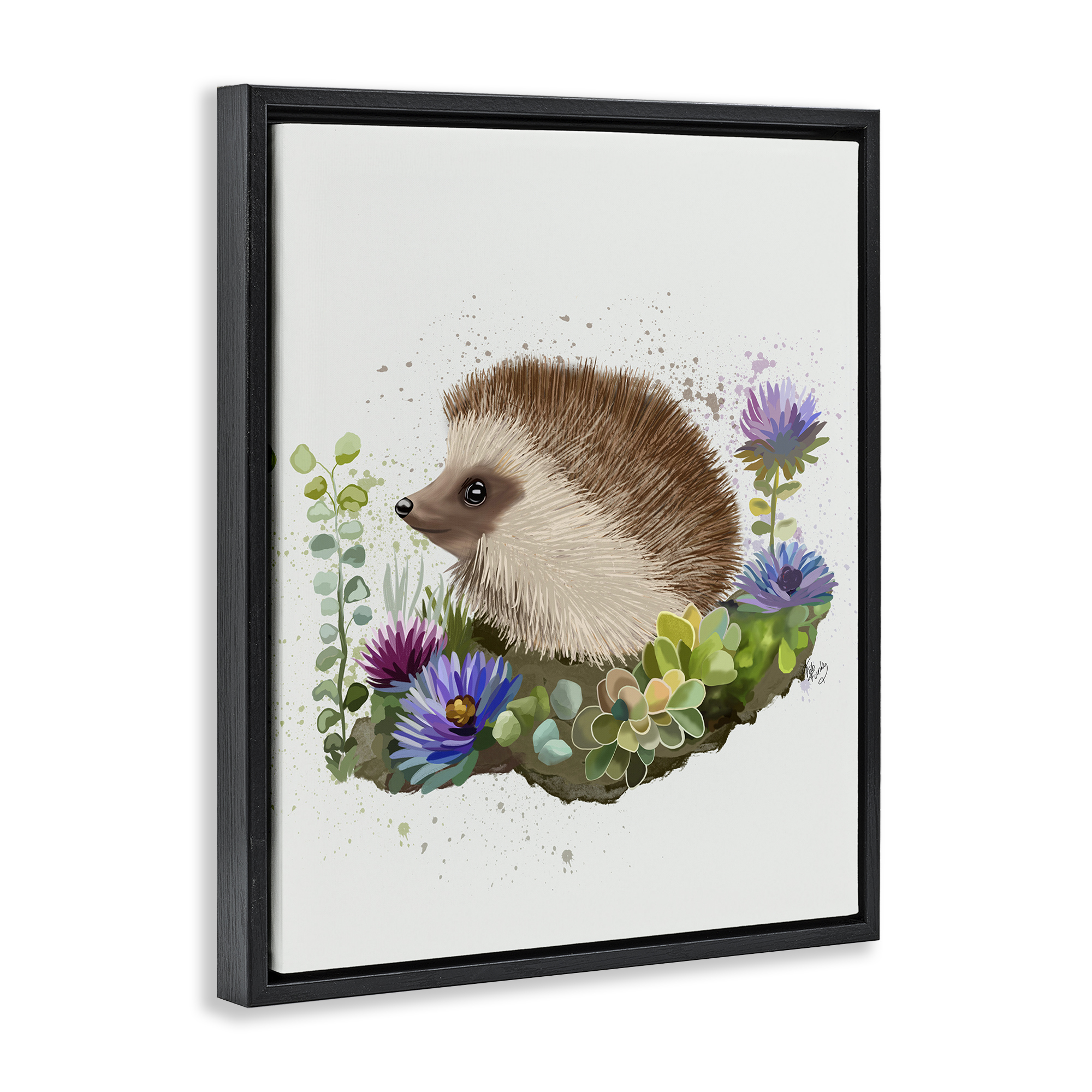 Stupell Industries Hedgehog in Garden Animals & Insects Painting Black Floater Framed Canvas Art Print Wall Art, 17 x 21