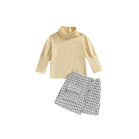 

BrilliantMe Kids Baby Girl s Two-Piece Outfits Suit Long Sleeve High Neck Tops + Plaid Mini Skirt for Birthday Party Apricot White 18-24 Months