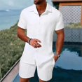 thumbnail image 5 of Men's Summer 2-Piece Set, Solid Color Jacquard Short Sleeve Button-Down Lapel Shirt and Shorts, Lightweight Casual Outfit For Vacation and Beach,White,M, 5 of 6