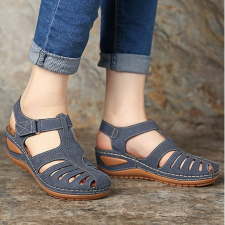 

Ecqkame Women s Wedges Sandals Clearance Soft Leather Closed Toe Vintage Anti-Slip Sandals For Women High-quality Blue 39