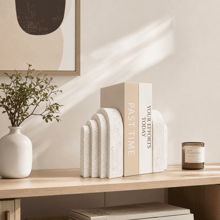 Bookends Decorative Bookends Shelf Decor Room Decor Aesthetic Set of 2 Heavy Duty Layered Arch Travertine Texture Resin Book Stoppers for Heavy Books Modern Tabletop Display Ornament