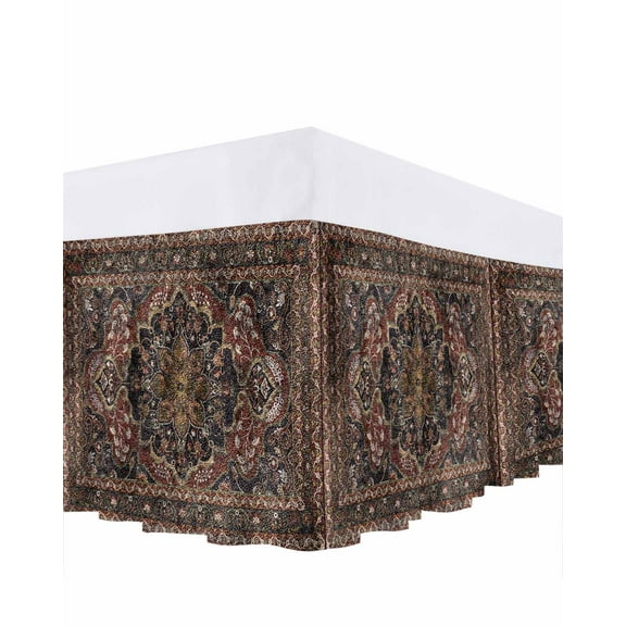 Retro Flower Bed Skirt Queen Size 18" Drop Art Carving Textures in Egyptian Style Ruffled Wrap Around Bed Skirts Adjustable Elastic Bedskirt Dust Ruffle for Queen Size Bed