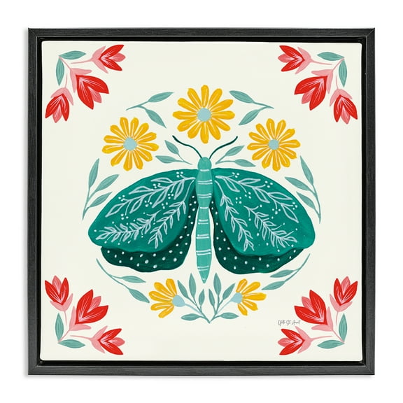 Stupell Industries Green Folk Butterfly Insects Painting Black Floater Framed Canvas Art Print Wall Art, 18 x 18