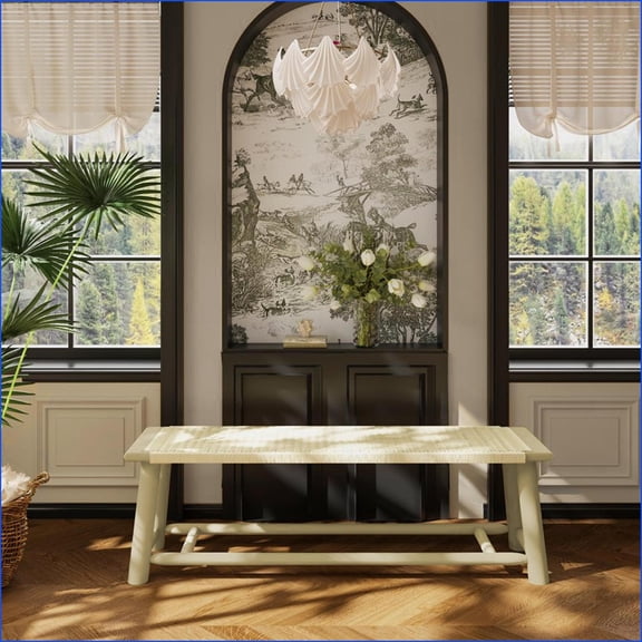 Rattan Bench | 59 Inch Farmhouse Modern Solid Wood Champagne | Indoor & Covered Outdoor Multi-Functional | Rattan | Gold