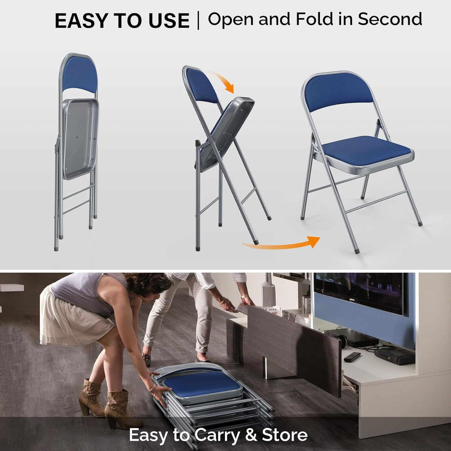 VINGLI Folding Chairs with Padded Seats, Metal Frame with Fabric Seat & Back, Capacity 350 lbs, Blue, Set of 6