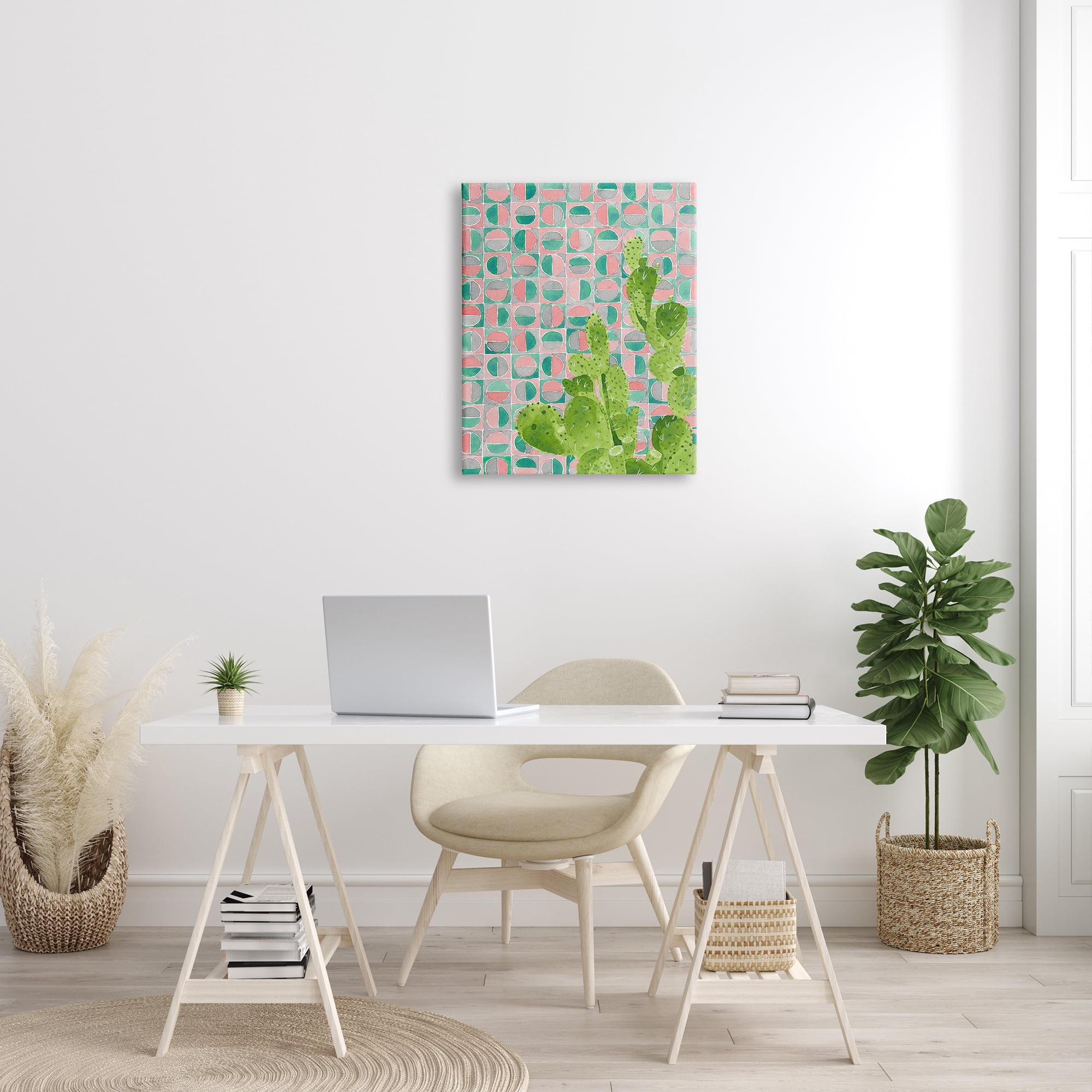 Stupell Industries Prickly Pear Desert Cactus over Geometric Pink Pattern Botanical & Floral Painting Gallery Wrapped Canvas Print Wall Art, 24 x 30