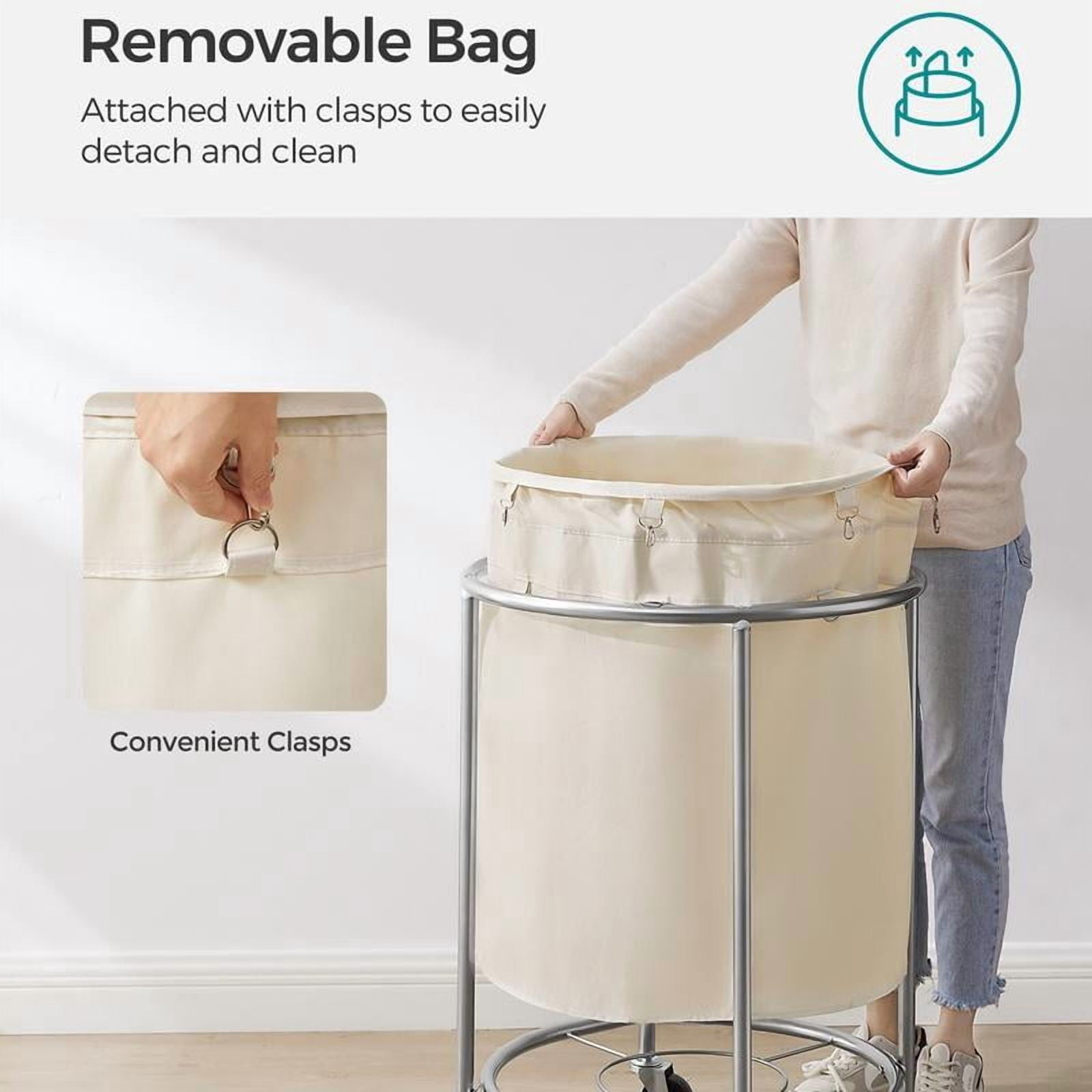 SONGMICS HOME Laundry Basket with Wheels, Rolling Laundry Hamper, Round Laundry Cart with Steel Frame and Removable Bag ,Organiser