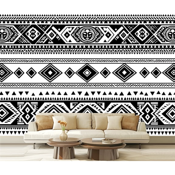 Peel and Stick Wallpaper Tribal Ethnic black white color Modern Art Wall Mural Decor Self Adhesive and Removable 100in x 144in