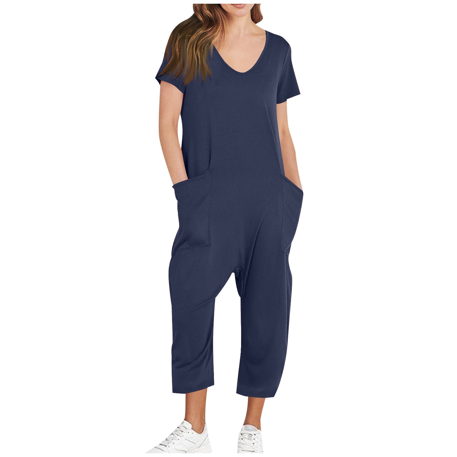 AGWOLF Adult Onesie Pajamas for Women Stretch V Neck Short Sleeve Jumpsuits Loose Fit Solid Ankle Length Pants Summer Rompers with Pockets Soft Sleepwear Homewear One Piece Navy XL