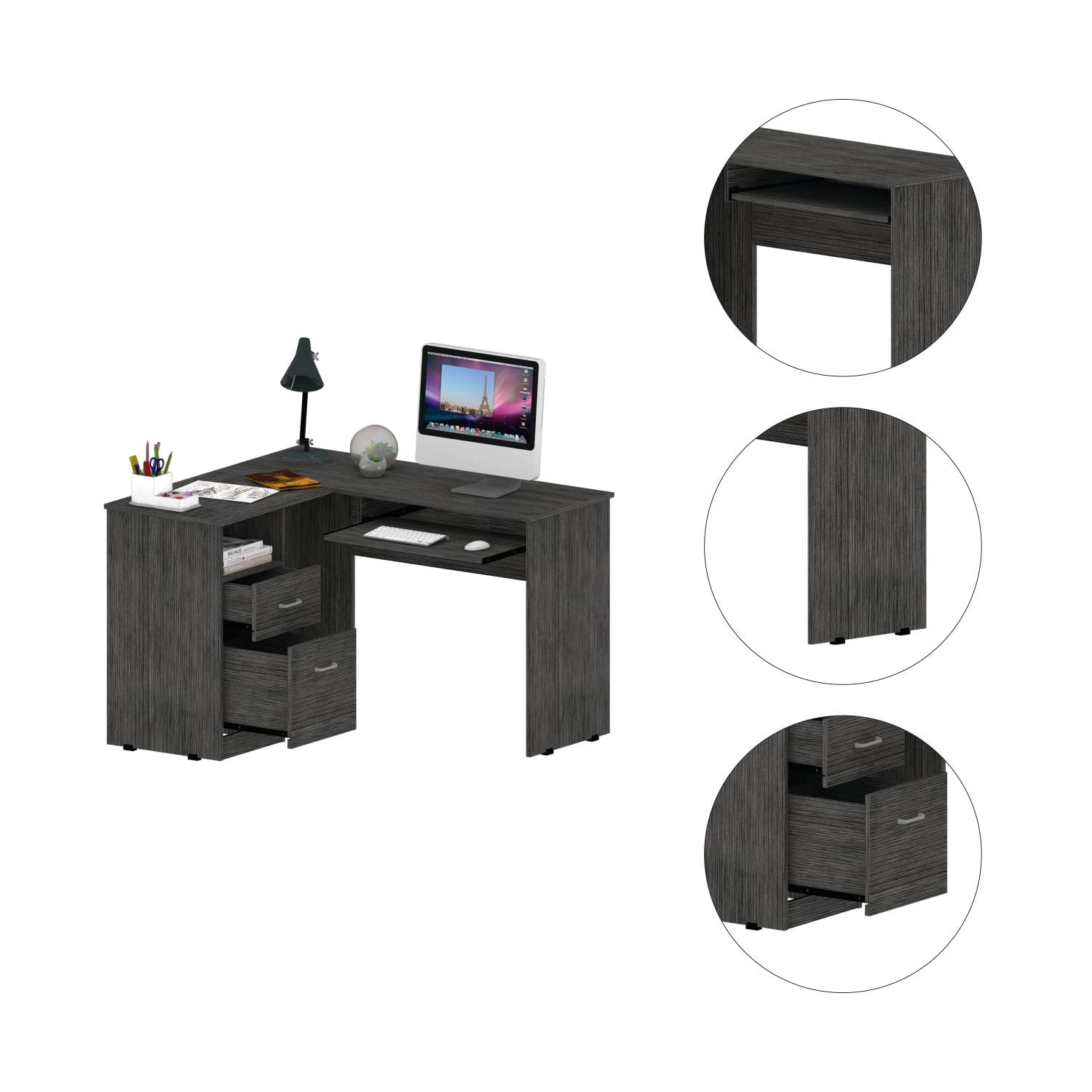 Asteroutdoor Smokey Oak L-Shaped Computer Desk with 2 Drawers and 1 Shelf