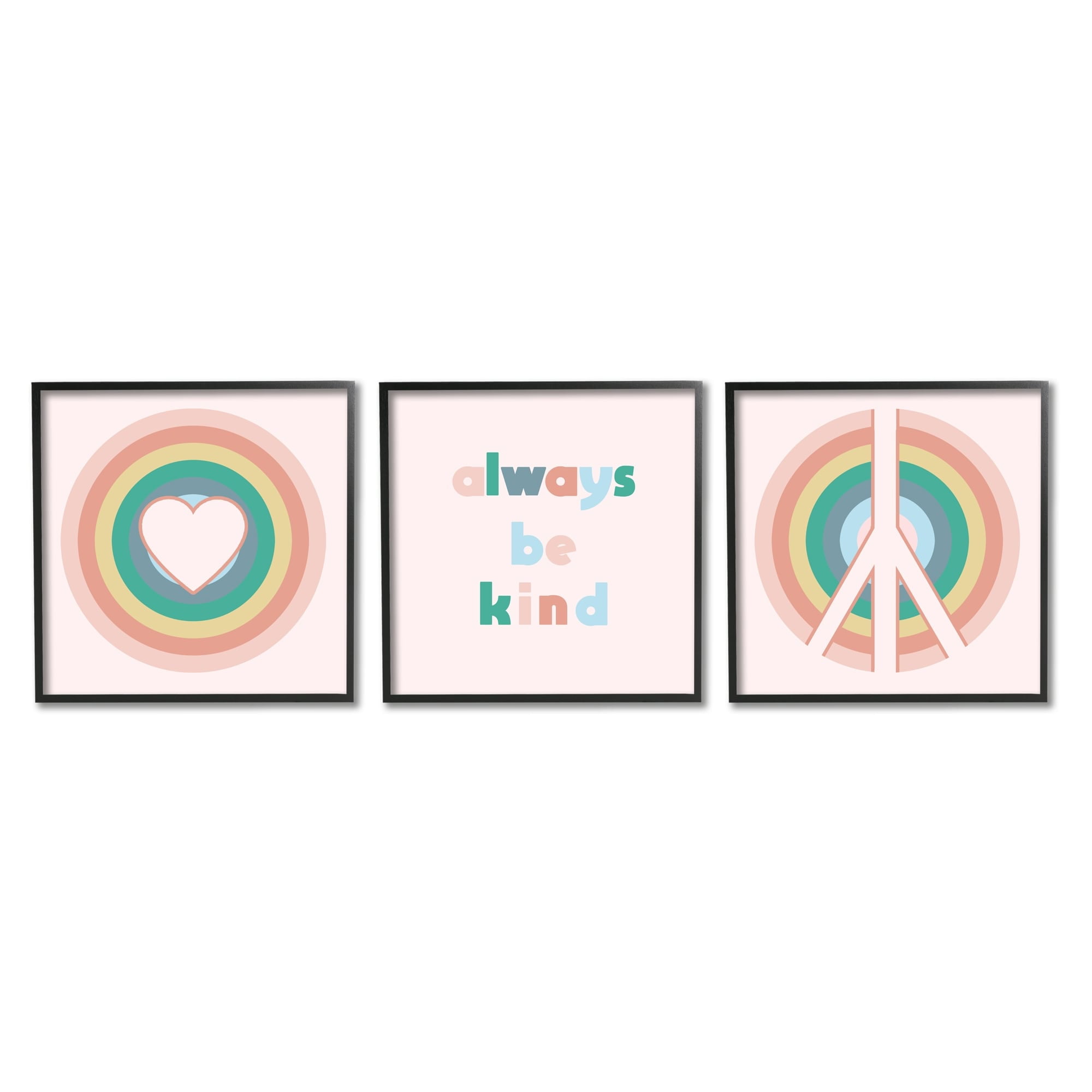 Stupell Industries Cute Always Be Kind Quote Rainbow Peace Sign Graphic Art Gray Framed Art Print Wall Art Set of 3, 17x17, by Daphne Polselli