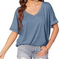 thumbnail image 4 of Summer Rolled Short Sleeve Women V-neck Solid Color Casual Loose T-shirt Tops, 4 of 7