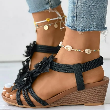 

Cathalem Arch Support Sandals Women Sandals For Women Comfort With Elastic Ankle Strap Casual Bohemian Beach Shoes Fashion Wedges Sandal Black 8.5