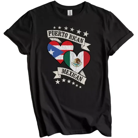 Gildan Puerto Rican Mexican Heart Flags Puerto Rico Mexico T-Shirt Gift for Men Women Unisex Tee