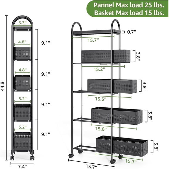 5-Tier Slim Storage Cart with Pull Out Basket, Rolling Bathroom Organizer Utility, Metal Shelving Unit Slide Out, Lockable Wheels, Easy Assembly for Narrow Place, Kitchen, Laundry Room, Black