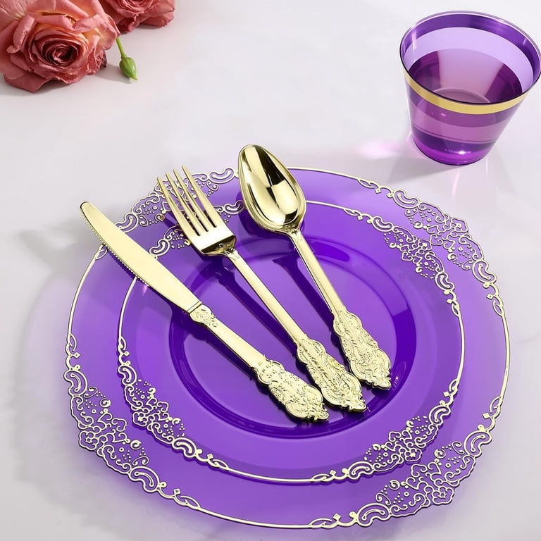 Goodluck Purple Disposable Dinnerware Set, 350-Piece for 50 Guests photo 6
