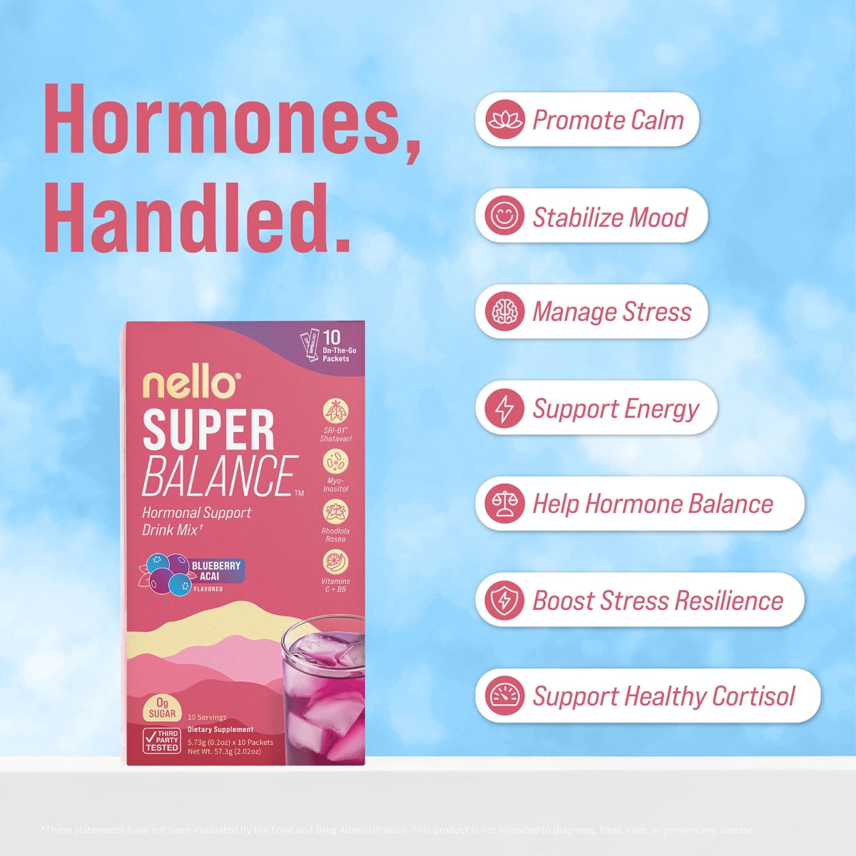 Nello Superbalance Hormone Support Flavored Drink Mix Packets, Blueberry Acai, 2 oz, 10 Count