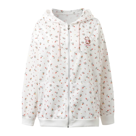 XIAONU Womens Floral Print Zip Up Hoodie Lace Trim Cute Embroidery Zip Up Jacket Casual Daily Wear Hooded Sweatshirt