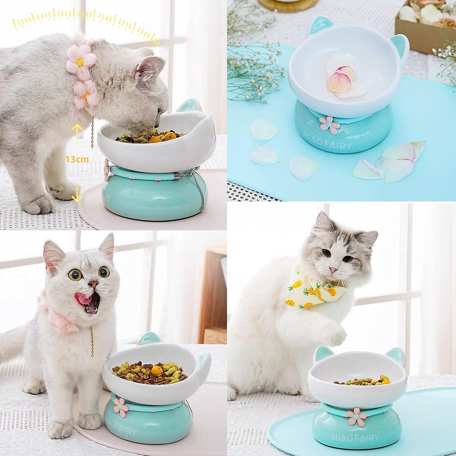 Fairela™ Elevated Ceramic Cat Bowl with Cute Ear Design - Anti-Slip Raised Stand Pet Food & Water Dish for Cats, Small Pets,Green