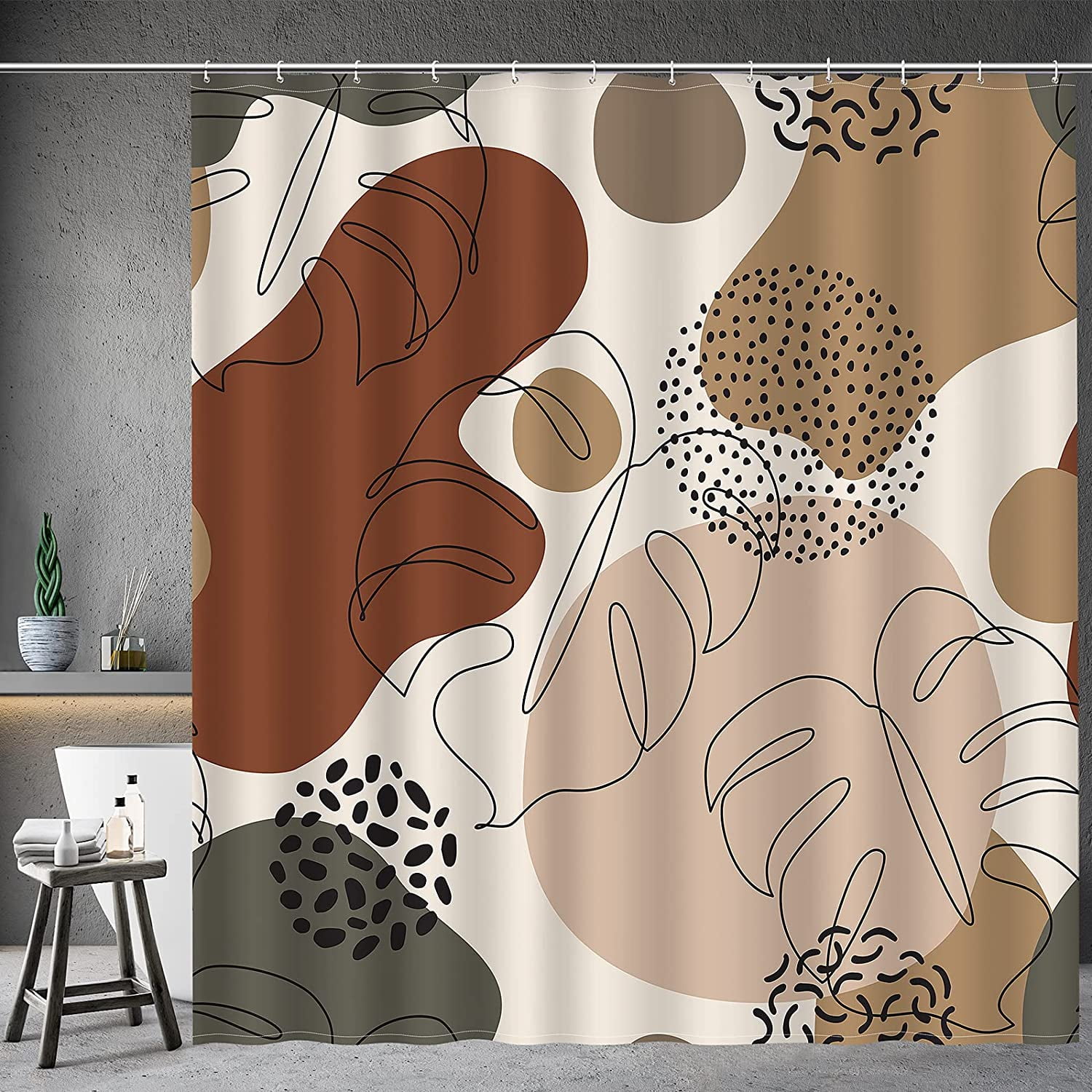 Sonernt Boho Shower Curtain Modern Abstract Art Minimalist Plant Leaves